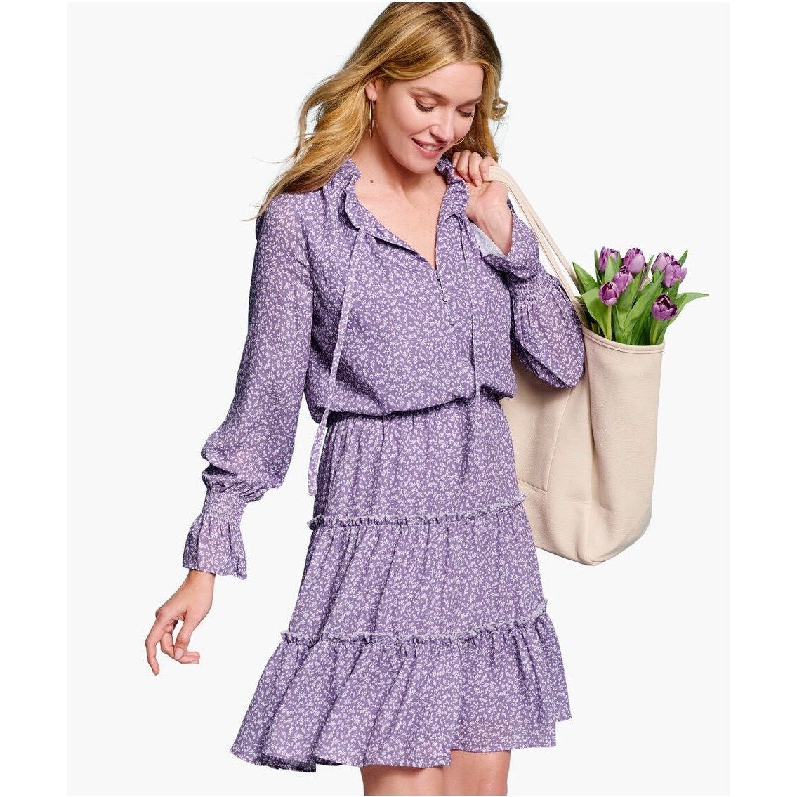 Johnston & Murphy Tiered Printed Dress Women Small Purple Floral Lilac Nwt Boho